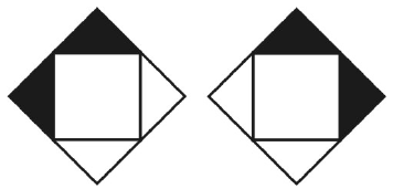 Duas figuras do tamanho do objeto: a primeira com os triângulos superior e esquerdo pretos; a segunda com os triângulos superior e direito pretos.