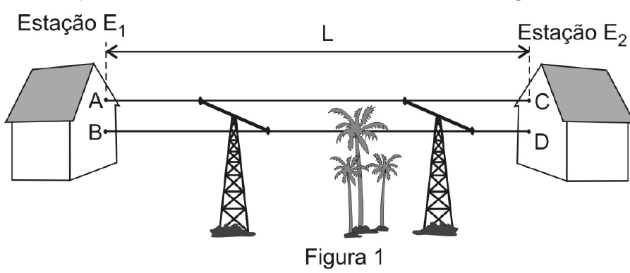 Figura 1: estações E₁ (terminais A e B) e E₂ (terminais C e D) ligadas por dois cabos de comprimento L sustentados por torres.