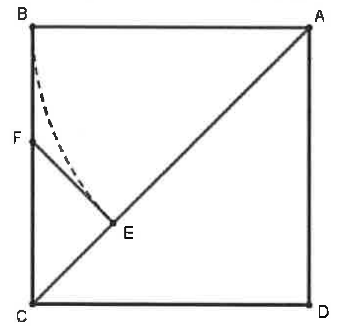 Quadrado com vértices B (superior esquerdo), A (superior direito), D (inferior direito) e C (inferior esquerdo) e a diagonal AC. Um arco tracejado de centro A vai de B até o ponto E sobre a diagonal AC; o segmento EF liga E ao ponto F no lado BC.