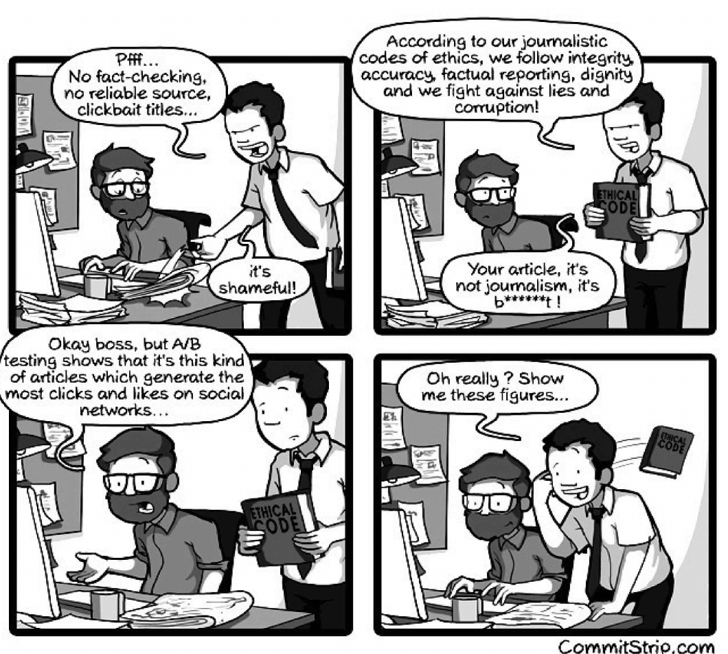Tirinha em quatro quadrinhos (CommitStrip): 1) o chefe, apontando para o jornal na mesa do jornalista: “Pfff... No fact-checking, no reliable source, clickbait titles...” “it’s shameful!”; 2) o chefe, segurando um livro “ETHICAL CODE”: “According to our journalistic codes of ethics, we follow integrity, accuracy, factual reporting, dignity and we fight against lies and corruption!” “Your article, it’s not journalism, it’s b******t !”; 3) o jornalista, ao computador: “Okay boss, but A/B testing shows that it’s this kind of articles which generate the most clicks and likes on social networks...”; 4) o chefe, jogando o livro “ETHICAL CODE” para trás e debruçando-se sobre o computador: “Oh really ? Show me these figures...”.