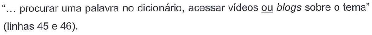 “... procurar uma palavra no dicionário, acessar vídeos ou blogs sobre o tema” (linhas 45 e 46). A expressão “ou” aparece sublinhada.