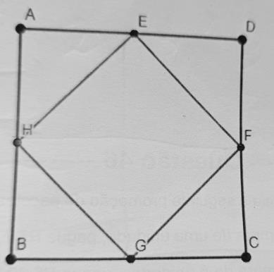 Quadrado ABCD com o quadrilátero EFGH inscrito, cujos vértices E, F, G e H ficam sobre os lados AD, DC, CB e BA, formando quatro triângulos nos cantos.