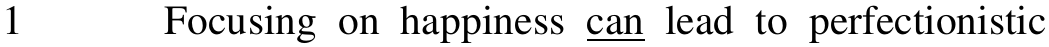 Linha 1 do texto: “1 Focusing on happiness can lead to perfectionistic”. Sublinhado: can.