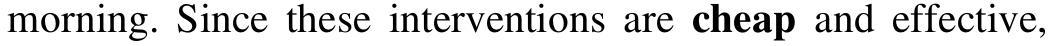Trecho do texto: “morning. Since these interventions are cheap and effective,”. Em negrito: cheap.