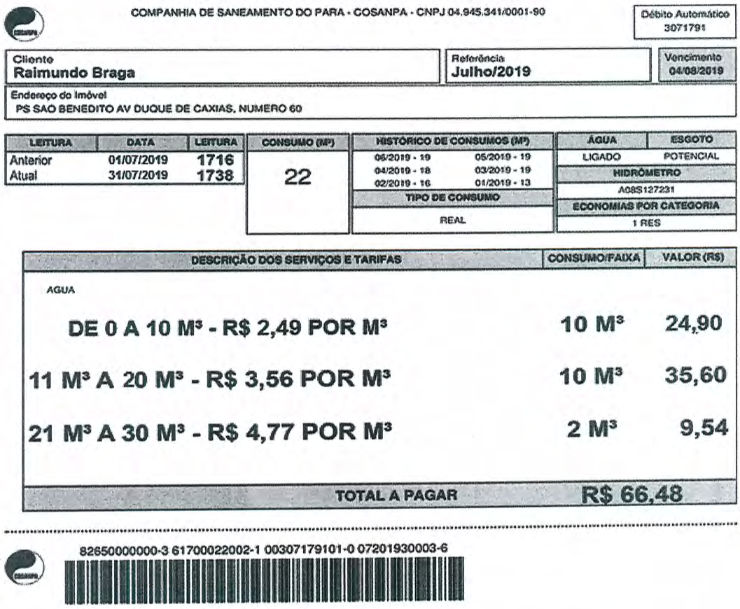 Conta de água da COSANPA, cliente Raimundo Braga, referência Julho/2019, vencimento 04/08/2019. Leitura anterior 1716 (01/07/2019), leitura atual 1738 (31/07/2019), consumo 22 m³. Descrição das tarifas de água: de 0 a 10 m³ — R$ 2,49 por m³, 10 m³, 24,90; 11 m³ a 20 m³ — R$ 3,56 por m³, 10 m³, 35,60; 21 m³ a 30 m³ — R$ 4,77 por m³, 2 m³, 9,54. Total a pagar R$ 66,48. Na parte inferior, código de barras.