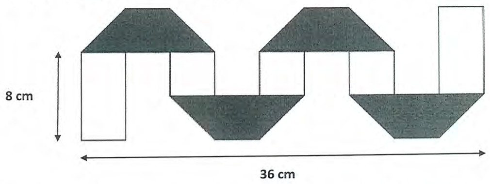 Tira de papel quadriculado dobrada em zigue-zague, com 8 cm de altura e 36 cm de comprimento total indicados. As partes dobradas mostram o verso cinza em forma de trapézios sombreados, alternadamente acima e abaixo; nas extremidades há dois retângulos brancos iguais.