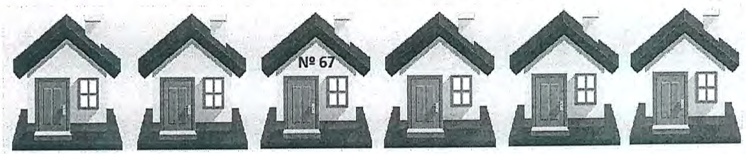 Seis casas iguais lado a lado; apenas a terceira casa, da esquerda para a direita, tem a placa "Nº 67".