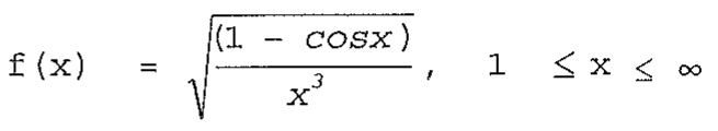 f(x) igual à raiz quadrada de (1 - cos x) dividido por x ao cubo, com 1 menor ou igual a x menor ou igual a infinito.