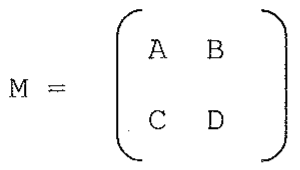 Matriz M de ordem 2 com elementos A e B na primeira linha e C e D na segunda linha.