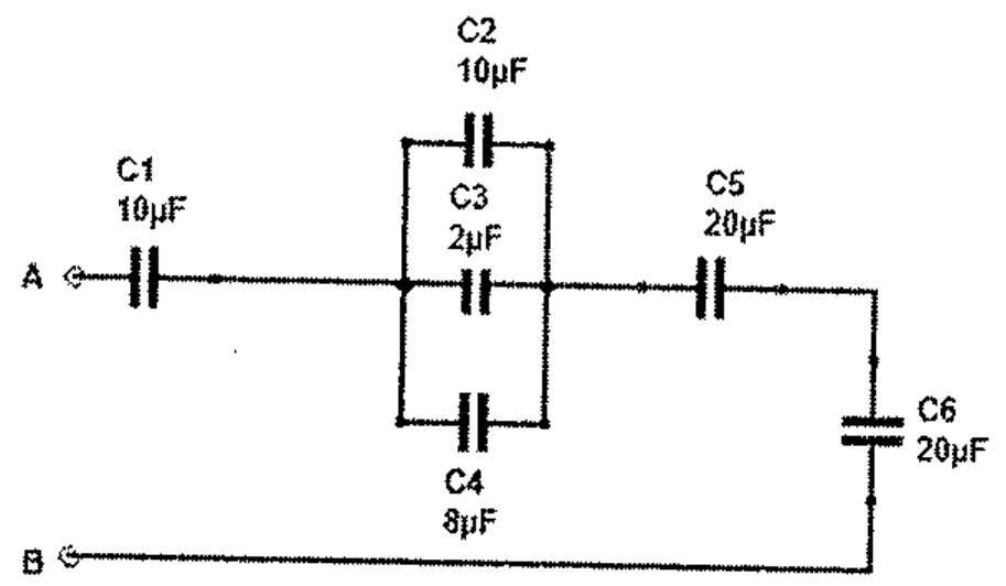 Circuito de capacitores entre A e B: C1 = 10 μF em série com o paralelo de C2 = 10 μF, C3 = 2 μF e C4 = 8 μF, seguido de C5 = 20 μF e C6 = 20 μF em série até B.