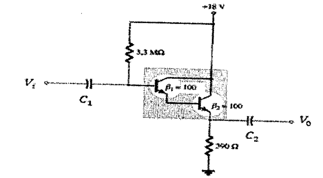 Par de transistores em configuração Darlington com β1 = 100 e β2 = 100, alimentação de +18 V, resistor de base de 3,3 MΩ, resistor de emissor de 390 Ω, capacitor de entrada C1 em Vi e capacitor de saída C2 em Vo.