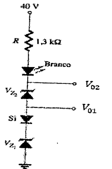 Circuito em série a partir de 40 V: resistor R de 1,3 kΩ, LED branco, diodo zener VZ2, diodo de silício e diodo zener VZ1 ao terra; a saída V02 fica entre o LED e VZ2, e a saída V01 entre VZ2 e o diodo de silício.