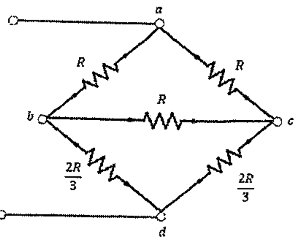 Circuito em losango com nós a, b, c e d: resistores R entre a e b, entre a e c e entre b e c; resistores 2R/3 entre b e d e entre c e d; terminais externos ligados aos nós a e d.