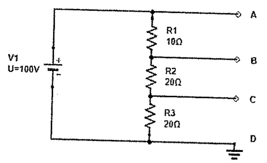 Fonte V1 (U = 100 V) alimentando três resistores em série, R1 = 10 Ω, R2 = 20 Ω e R3 = 20 Ω, com os pontos A, B, C e D nos nós, sendo D ligado ao terra.