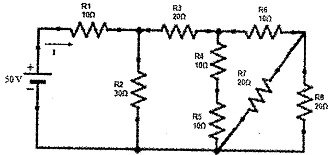 Circuito com fonte de 50 V e corrente I: R1 = 10 Ω em série; R2 = 30 Ω em derivação; R3 = 20 Ω em série; R4 = 10 Ω e R5 = 10 Ω em série numa derivação; R6 = 10 Ω, R7 = 20 Ω em diagonal e R8 = 20 Ω na última malha.
