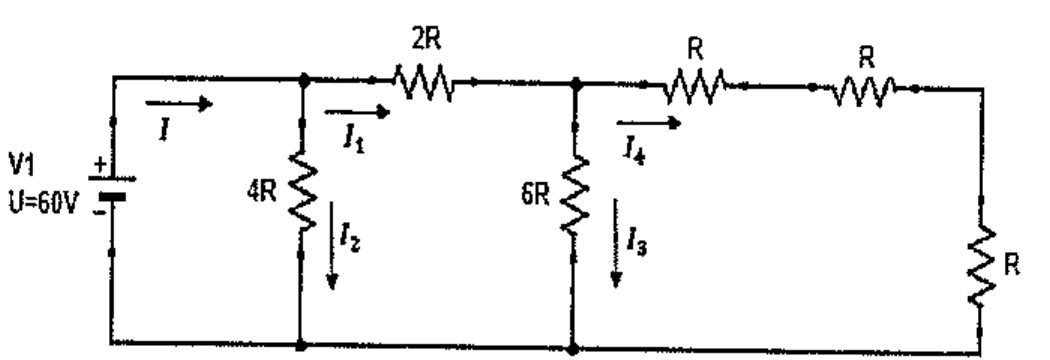 Circuito em escada com fonte V1 (U = 60 V) e corrente I: resistor 4R em derivação (corrente I2), resistor 2R em série (corrente I1), resistor 6R em derivação (corrente I3) e ramo com corrente I4 formado por dois resistores R em série e um resistor R ao final.