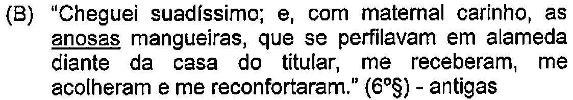 Alternativa B: "Cheguei suadíssimo; e, com maternal carinho, as anosas mangueiras, que se perfilavam em alameda diante da casa do titular, me receberam, me acolheram e me reconfortaram." (6º§) - antigas — Destaque (sublinhado) no original: anosas.