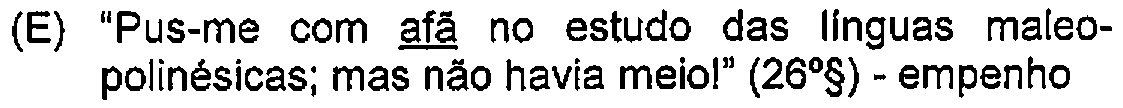 Alternativa E: "Pus-me com afã no estudo das línguas maleo-polinésicas; mas não havia meio!" (26º§) - empenho — Destaque (sublinhado) no original: afã.