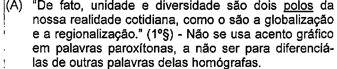 Alternativa A: "De fato, unidade e diversidade são dois polos da nossa realidade cotidiana, como o são a globalização e a regionalização." (1º§) - Não se usa acento gráfico em palavras paroxítonas, a não ser para diferenciá-las de outras palavras delas homógrafas. — Destaque (sublinhado) no original: polos.