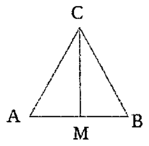 Triângulo com vértices A e B na base e C no topo; M é o ponto médio da base AB, ligado a C por um segmento vertical.