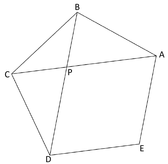 Pentágono regular ABCDE com as diagonais AC e BD cruzando-se no ponto P.