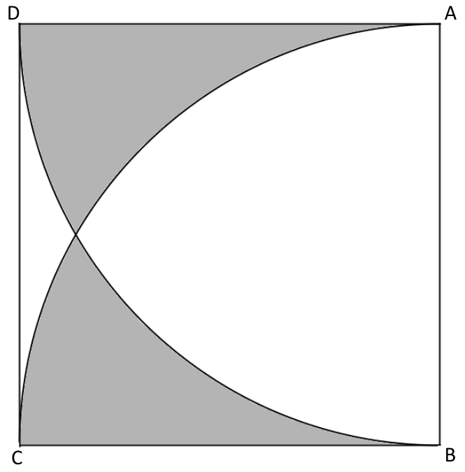 Quadrado ABCD (D e A no topo, C e B na base) com dois arcos de circunferência: AC, de centro B, e BD, de centro A; regiões hachuradas em cinza junto aos lados DA, DC e CB.