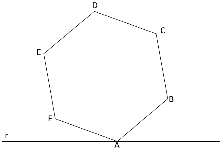 Hexágono regular ABCDEF com o vértice A sobre a reta horizontal r; F à esquerda e B à direita de A, acima da reta.
