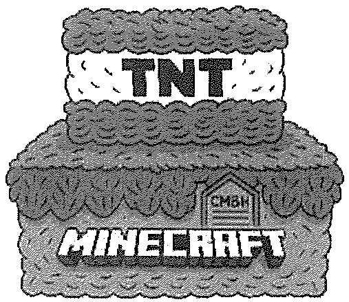 Ilustração de duas caixas em forma de paralelepípedo empilhadas: embaixo, a caixa maior com a palavra “MINECRAFT” e um pequeno logotipo “CMBH”; em cima, uma caixa menor com a palavra “TNT”.