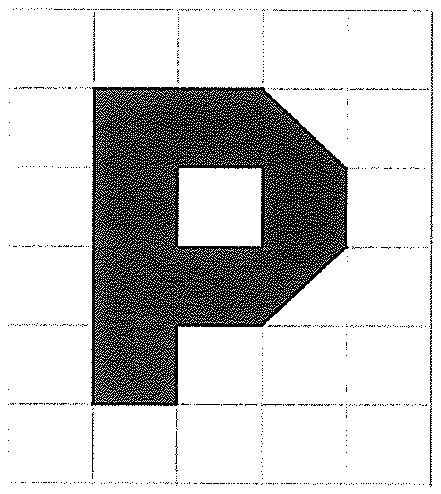 Letra P sombreada sobre malha quadriculada: haste vertical à esquerda e, na parte superior, contorno com lados inclinados (diagonais) à direita, com um furo quadrado branco do tamanho de um quadradinho da malha.