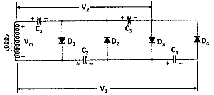 Circuito multiplicador de tensão alimentado pelo secundário de um transformador (Vm), com capacitores C1 a C4 e diodos D1 a D4; V2 indicada entre a extremidade esquerda e o terminal após C3, e V1 indicada entre a extremidade esquerda e a extremidade direita do circuito.