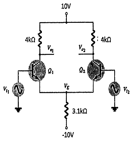 Par diferencial com transistores Q1 e Q2, resistores de coletor de 4 kΩ ligados a 10 V, emissores unidos no ponto VE ligados a -10 V por um resistor de 3,1 kΩ, e fontes de sinal Vi1 e Vi2 nas bases.