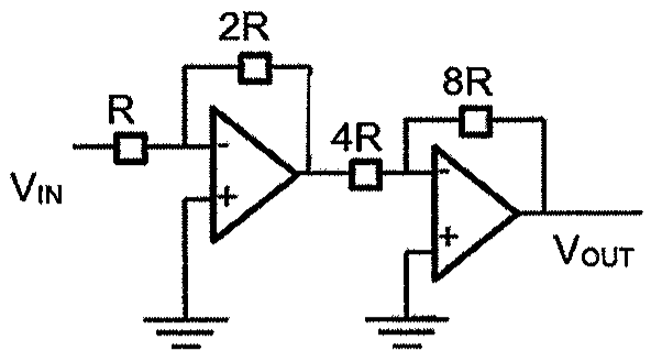 Dois amplificadores inversores em cascata: o primeiro com resistor de entrada R e realimentação 2R, o segundo com resistor de entrada 4R e realimentação 8R; entrada VIN e saída VOUT.