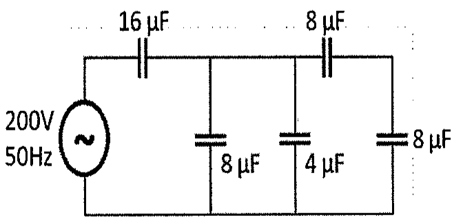 Fonte de 200 V e 50 Hz com capacitor série de 16 μF, seguido de capacitores em paralelo de 8 μF e 4 μF, capacitor série de 8 μF e capacitor final de 8 μF.