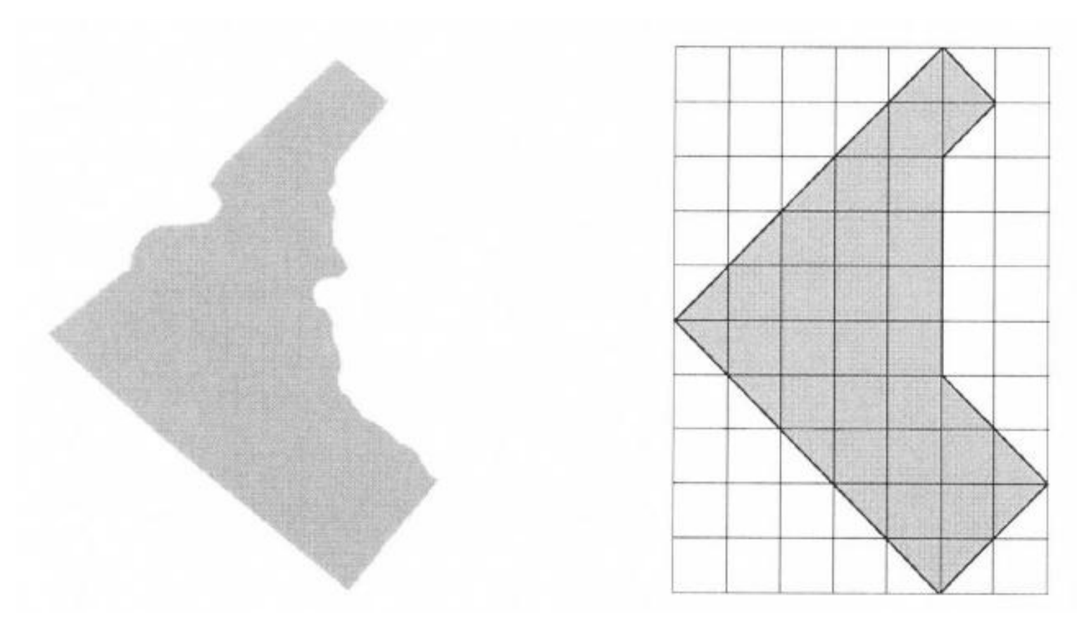 À esquerda, silhueta cinza irregular da ilha. À direita, a mesma região aproximada por um polígono cinza desenhado sobre malha quadriculada, com lados horizontais, verticais e diagonais passando por vértices da malha.