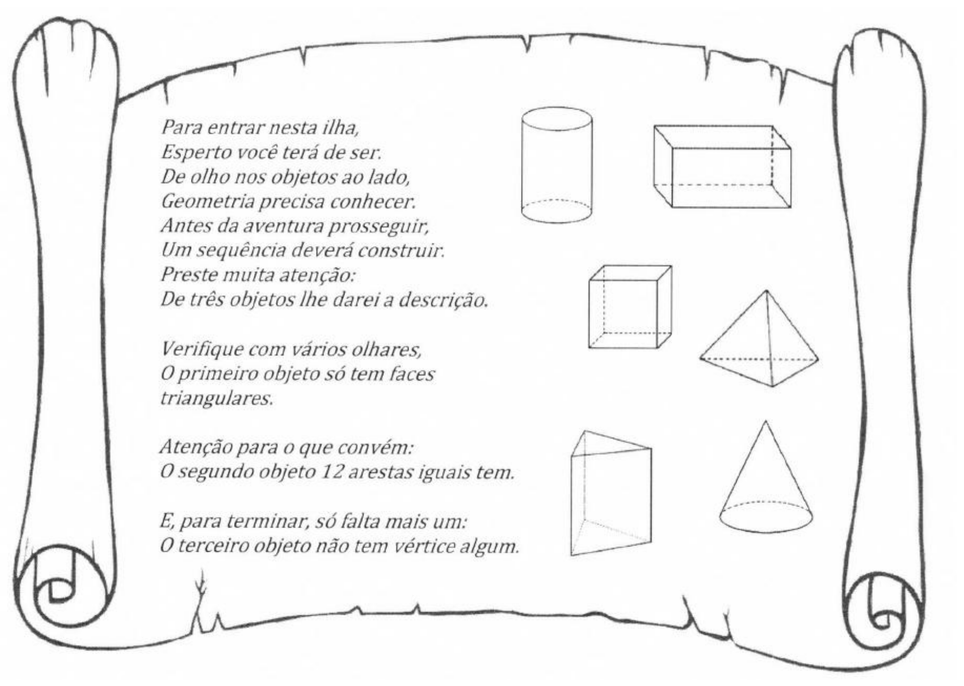Pergaminho com o texto: “Para entrar nesta ilha, / Esperto você terá de ser. / De olho nos objetos ao lado, / Geometria precisa conhecer. / Antes da aventura prosseguir, / Um sequência deverá construir. / Preste muita atenção: / De três objetos lhe darei a descrição. / Verifique com vários olhares, / O primeiro objeto só tem faces triangulares. / Atenção para o que convém: / O segundo objeto 12 arestas iguais tem. / E, para terminar, só falta mais um: / O terceiro objeto não tem vértice algum.” Ao lado, desenhos de seis sólidos: cilindro, paralelepípedo, cubo, pirâmide de base quadrada, prisma triangular e cone.