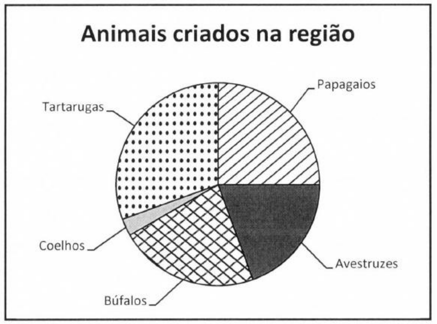 Gráfico de setores intitulado “Animais criados na região”, sem valores numéricos, com setores para Papagaios, Avestruzes, Búfalos, Coelhos (setor muito estreito) e Tartarugas, cada um com uma textura diferente.