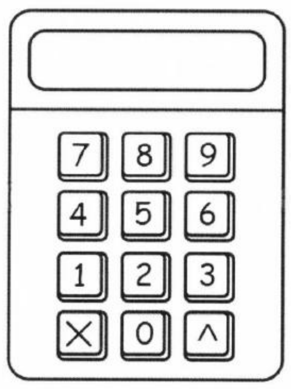 Calculadora com visor e teclas 7 8 9 / 4 5 6 / 1 2 3 / × 0 ^.