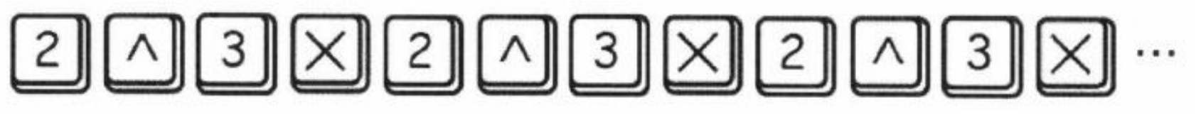Sequência de teclas: 2, ^, 3, ×, 2, ^, 3, ×, 2, ^, 3, ×, seguida de reticências.