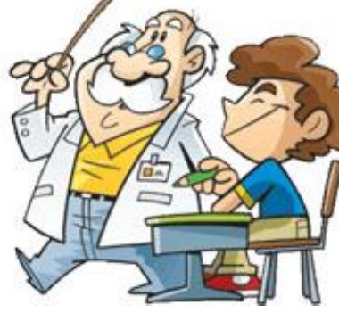 Ilustração em desenho de um professor apontando com uma vareta e de um aluno sentado à carteira.