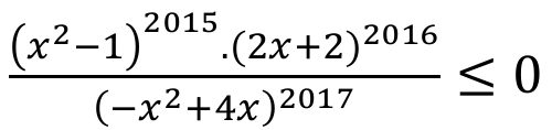 Inequação: (x² − 1) elevado a 2015, vezes (2x + 2) elevado a 2016, dividido por (−x² + 4x) elevado a 2017, menor ou igual a 0.