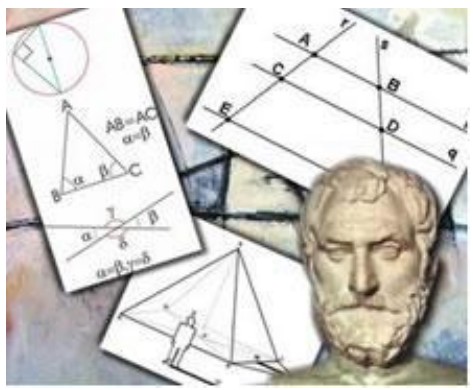 Ilustração com folhas de papel contendo figuras geométricas e um busto de Tales de Mileto.
