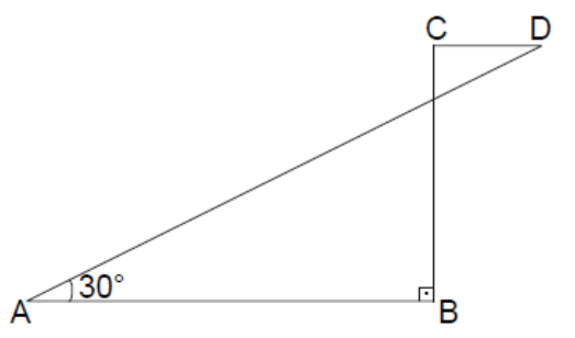 Figura com segmento horizontal AB, segmento vertical de B até C, segmento CD paralelo a AB e segmento de A até D; ângulo de 30° em A e ângulo reto em B.