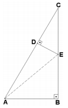 Triângulo ABC retângulo em B, com C acima de B; D sobre AC, E sobre BC, com ângulo reto em D no triângulo CDE; segmento tracejado de A até E.