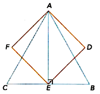 Triângulo equilátero ABC com base CB e altura AE; quadrado ADEF com diagonal AE e vértices D e F nos lados do triângulo.