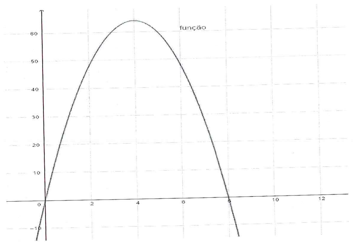 Gráfico de parábola com concavidade para baixo, legenda 'função', cortando o eixo x em 0 e em 8, com vértice próximo de x = 4 e y = 64; eixo x marcado de 2 em 2 até 12 e eixo y de 10 em 10 até 60.