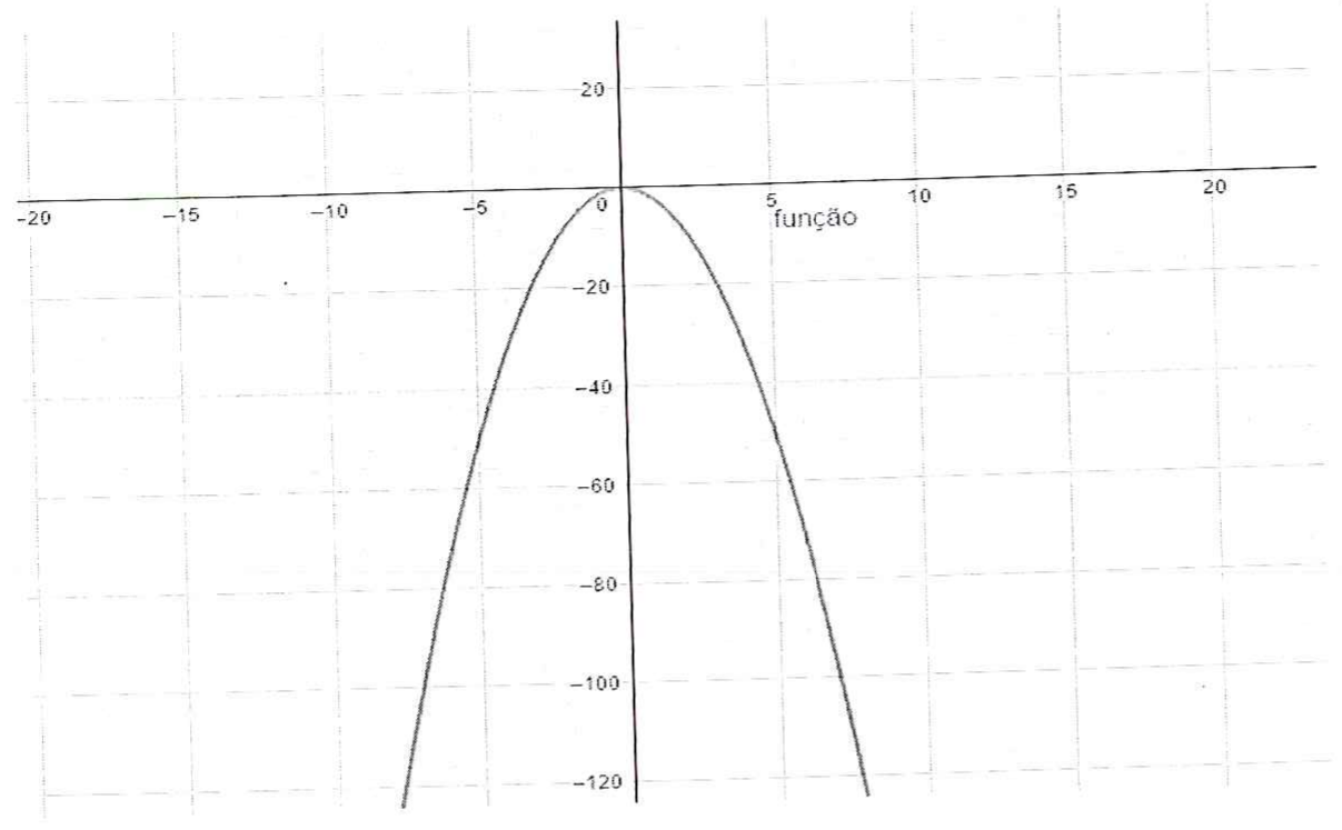 Gráfico de parábola com concavidade para baixo, legenda 'função', com vértice na origem (0, 0) e ramos descendo até cerca de −120; eixo x marcado de 5 em 5 de −20 a 20 e eixo y de −120 a 20.