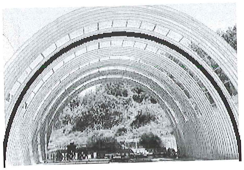 Fotografia em preto e branco da entrada de um túnel em forma de arco, com o contorno do arco destacado por uma linha preta espessa.