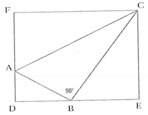 Retângulo FCED (F no canto superior esquerdo, C no superior direito, E no inferior direito e D no inferior esquerdo). O ponto A está no lado FD e o ponto B no lado DE; os segmentos AC, AB e BC formam o triângulo ABC, com ângulo de 90° marcado em B.
