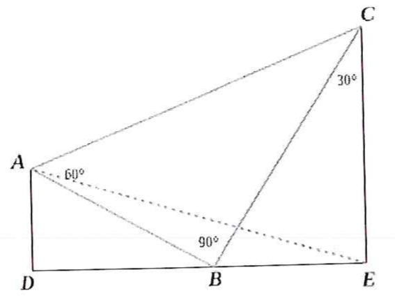 Figura com os pontos D, B e E alinhados na base; A acima de D (AD vertical) e C acima de E (CE vertical). Os segmentos AC, AB e BC formam o triângulo ABC, com ângulo de 60° marcado em A e de 90° em B; o ângulo de 30° está marcado em C, entre CB e CE. Um segmento tracejado liga A a E.