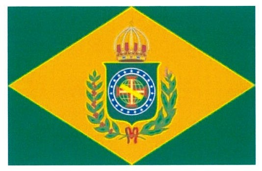 Figura 1: Bandeira Imperial do Brasil — retângulo verde com um losango amarelo cujos vértices tocam os pontos médios dos lados, formando quatro triângulos verdes nos cantos; ao centro, o brasão imperial com coroa e ramos.